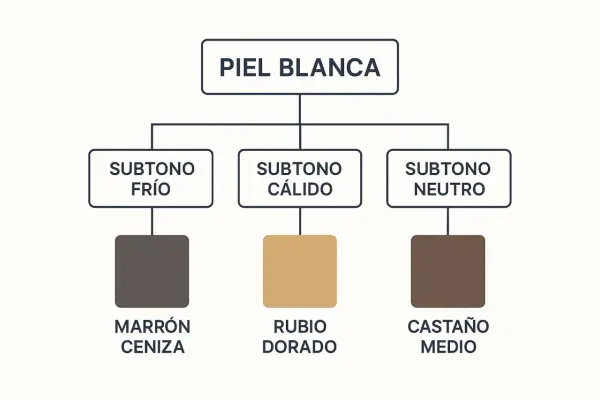 Guía para piel blanca: subtipo frío favorece marrón ceniza, cálido rubio dorado, neutro castaño medio. Descubre qué color de pelo me favorece si soy blanca.
